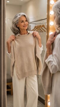 Elegant senior woman with natural silver hair trying on beige cashmere sweater in bright modern clothing store fitting room mirror portrait lifestyle fashion retail