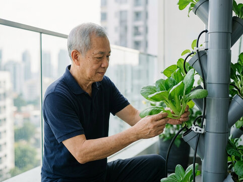 Senior Asian Man Tending to Vertical Hydroponic Garden on Apartment Balcony, Growing Fresh Green Vegetables in Urban Environment Sustainably