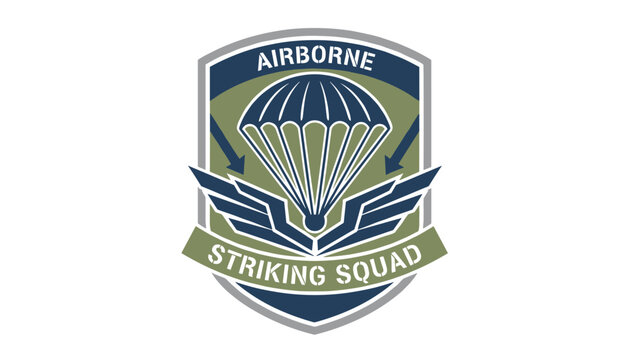 Military style emblem badge for the airborne striking squad featuring a parachute design and wings in olive green and blue.