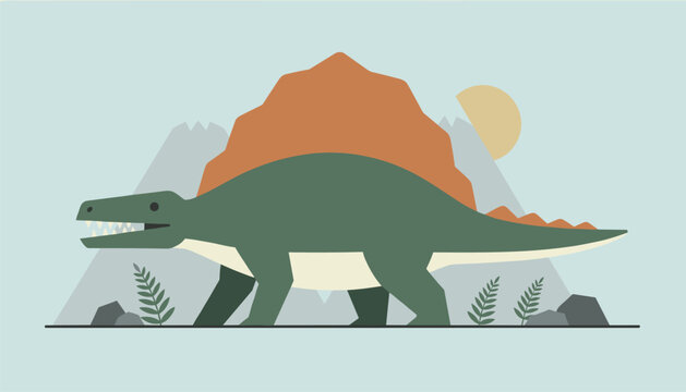Flat design illustration of a prehistorical dimetrodon dinosaur with a large sail back in a mountain landscape at sunrise.