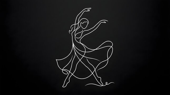 Elegant ballerina silhouette in a dynamic pose against a black background minimalist line art