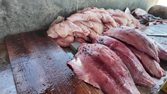 Freshly caught tuna and barracuda being processed on a seaside community table