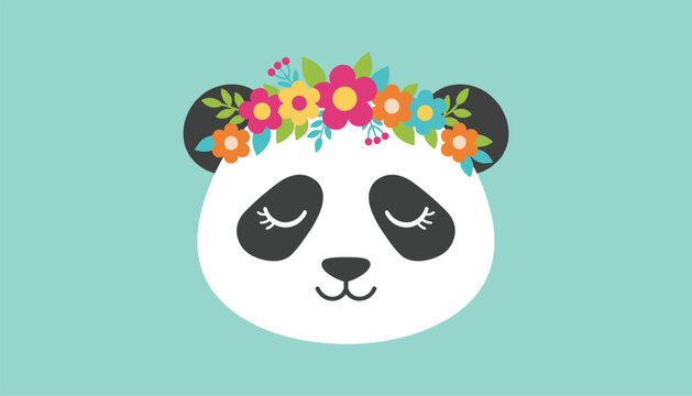 Adorable sleeping giant panda face cartoon illustration wearing a vibrant flower crown on a soft teal background.