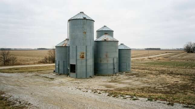 Three weathered, galvanized steel grain silos stand in a desolate field. The silos are gray and rusty, with peeling paint and visible corrosion.