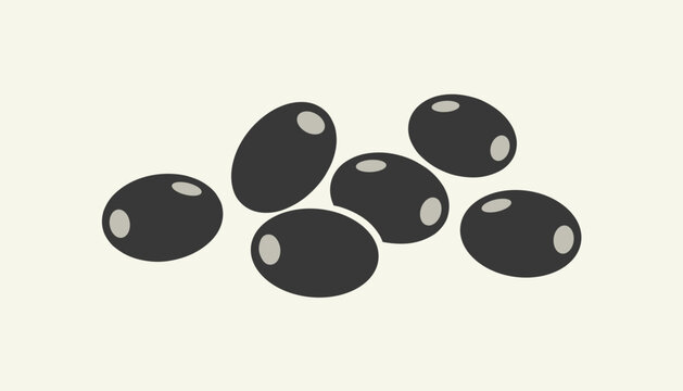 Minimalist graphic illustration of a group of six fresh black olives isolated on a warm light cream background.