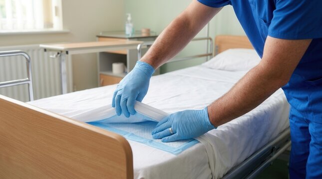 Healthcare worker in blue scrubs and gloves meticulously preparing a hospital bed with fresh linens and an absorbent pad for patient comfort and hygiene.
