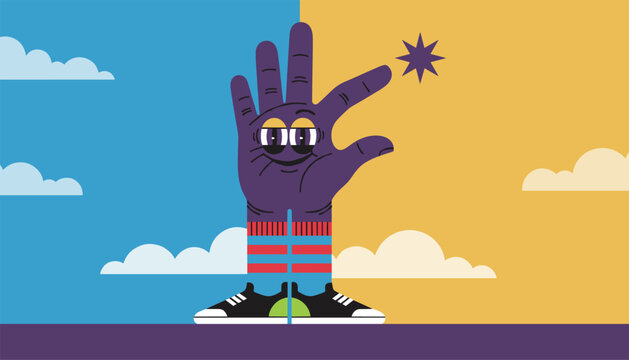 Creative purple hand cartoon character wearing socks and sneakers standing in front of a split color background.