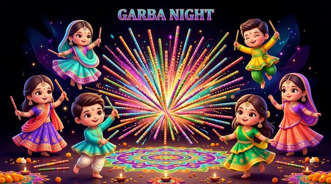 Festive garba night illustration with cute cartoon children