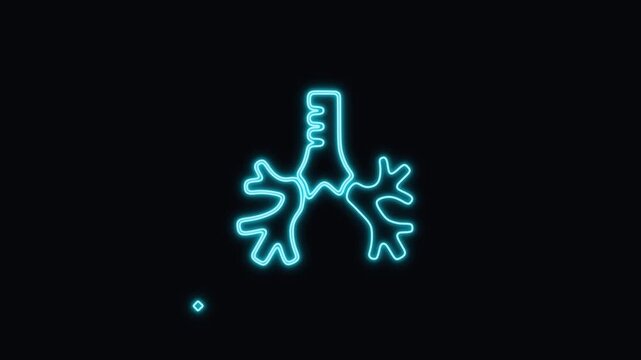 Trachea and bronchial tree rupture is illustrated as a glowing cyan neon icon on a dark background.