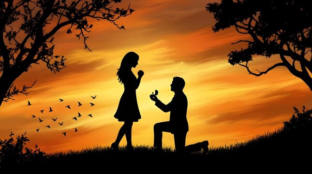 Romantic proposal silhouette of a couple at sunset with birds and trees love and commitment