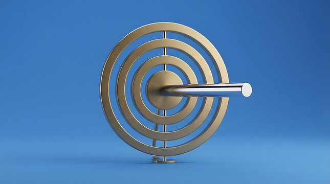 A metallic gold target with concentric circles and a silver rod piercing through the center against a solid blue background, representing precision, goal, setting, and success, in a minimalist style