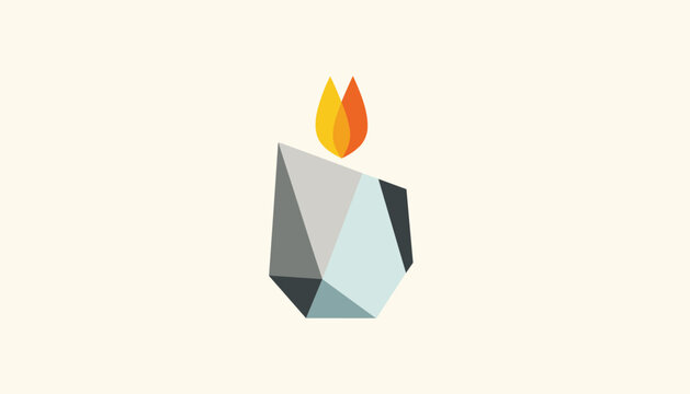 Minimalist geometric low poly candle flame illustration in shades of grey, blue, orange, and yellow on cream.