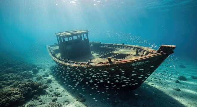 Sunlight penetrates deep into the turquoise water, illuminating a weathered, derelict fishing boat resting on the seabed. The boat's structure is heavily rusted and covered in marine growth.