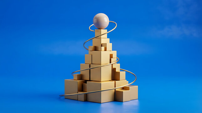 A pyramid structure built from stacked beige cubes with a smooth sphere on wrapped in a thin golden spiral wire, set against a solid blue background, representing growth and development