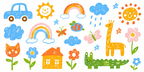 Fototapeta premium A collection of crayon style drawings depicting animals vehicles and celestial elements on a white background drawing childsart childrensillustration whimsical playful colorful bright
