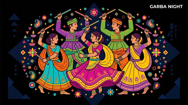 Traditional garba night dance illustration with folk patterns
