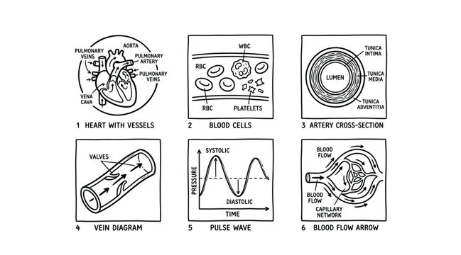 Set of human cardiovascular system anatomy and physiology diagrams