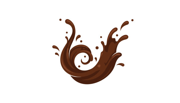 Liquid chocolate splash and swirl with flying droplets of cocoa cream on an isolated white background.
