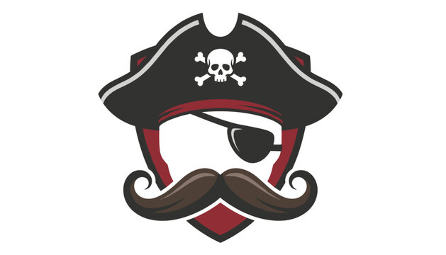 Pirate skull logo wearing a black tricorn hat and an eyepatch with a large mustache on a white background.