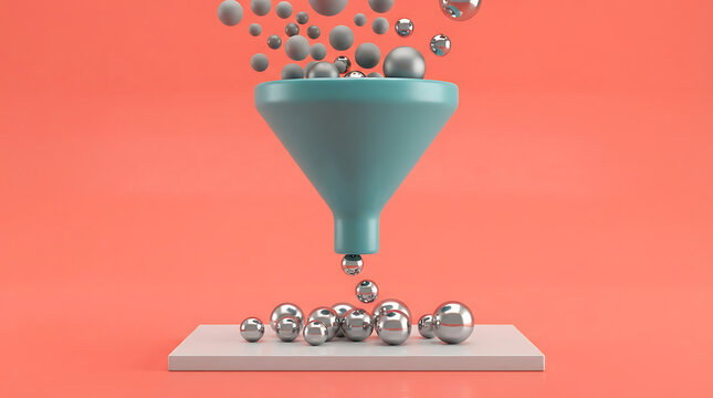 A teal funnel pouring out shiny silver metallic spheres of various sizes onto a white rectangular platform, set against a solid coral pink background, representing industrial flow and sorting