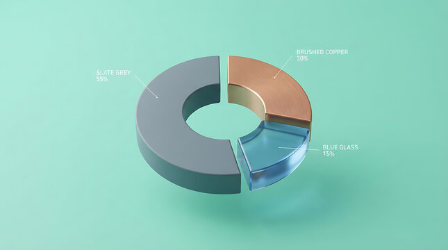A three-dimensional circular pie chart diagram floating against a soft mint green background, divided into segments of slate grey, brushed copper, and translucent blue glass with thin white labels