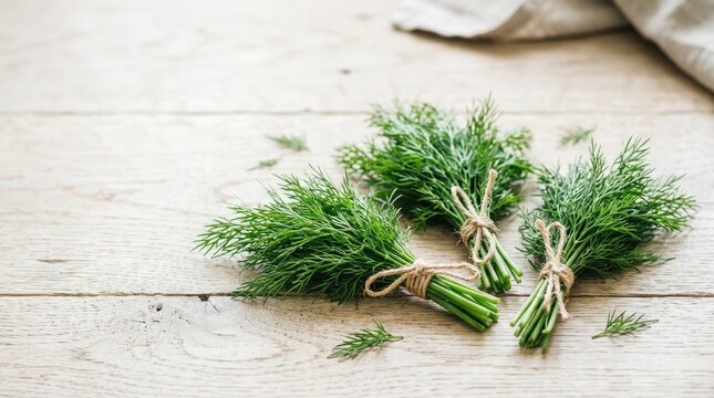 Three bundles of fresh dill sprigs are tied with twine and arranged on a weathered wooden table. The dill has bright green leaves and a rustic appearance.