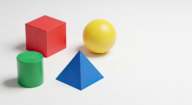 Four colorful geometric shapes are arranged on a white surface. A red cube, a yellow sphere, a green cylinder, and a blue pyramid are positioned on the plain background.