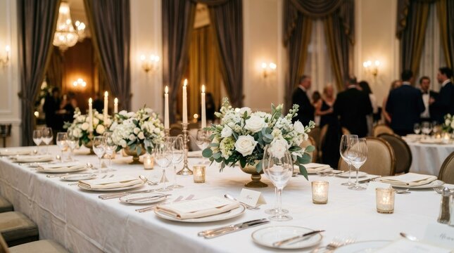 Elegant wedding reception unfolds in a grand ballroom. A long table is set with white linens, gold chargers, and sparkling glassware.