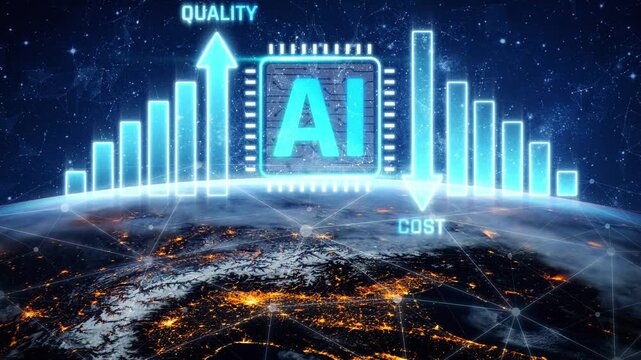 Futuristic Artificial Intelligence Concept Depicting Quality and Cost Metrics with Global City Lights Background and Data Visualization Elements Sigmoid