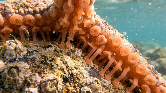 Macro view of sea star tube feet suction cups on rock