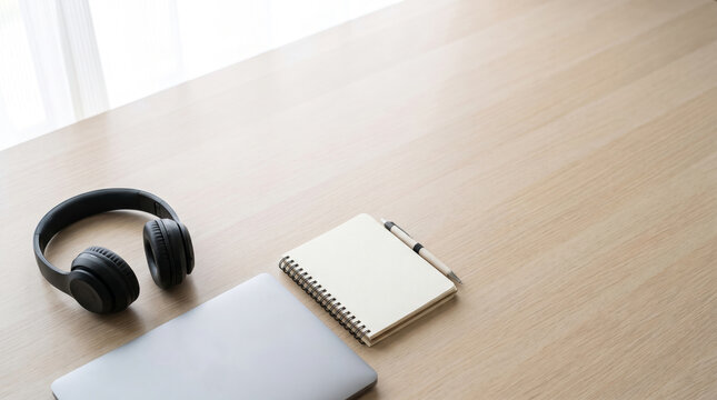 Minimalist desk with headphones and blank notebook