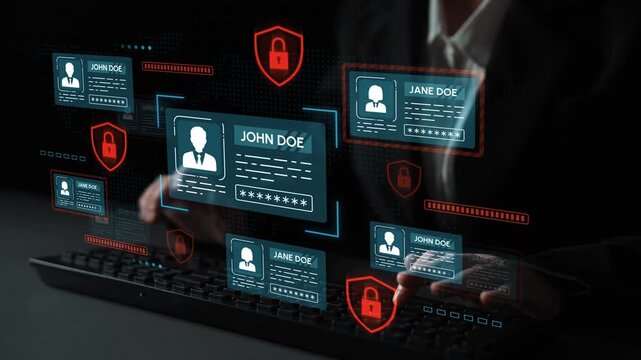 Professional Man Engaging with Digital Identity Verification Interface Featuring Secure Profiles and Security Icons in a Modern Tech Environment. Entropy.