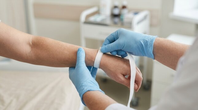 Medical professional applies tourniquet to patient's arm before blood draw or IV insertion in clinic