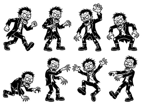 Black and white cartoon zombie character sprites set in various dynamic poses. vector illustration
