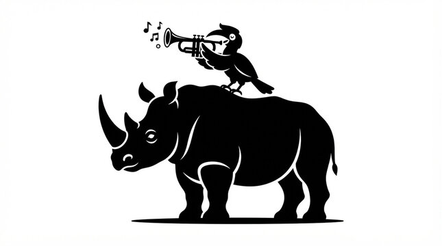Black silhouette of a rhinoceros with a bird playing a trumpet on its back