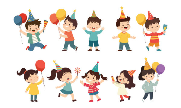Kids celebrate new year party vector graphic illustration set