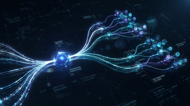 Abstract visualization of digital data flow featuring glowing light trails branching out from a central core against a dark technical background with nodes.