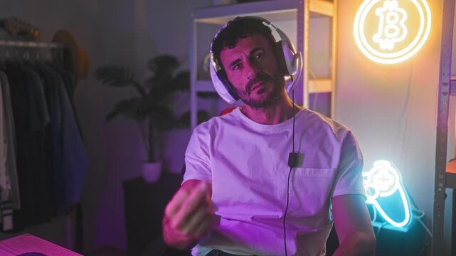 Man in white tee shirt wearing headset flips middle finger toward camera at his computer in a neon lit gaming studio; defiance.