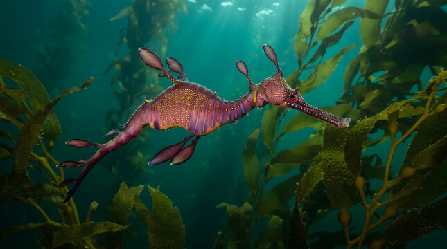 Leafy seadragon gliding in sunlit kelp forest underwater