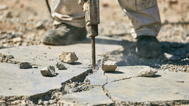 Concrete worker demolition jackhammer closeup low angle breaking concrete