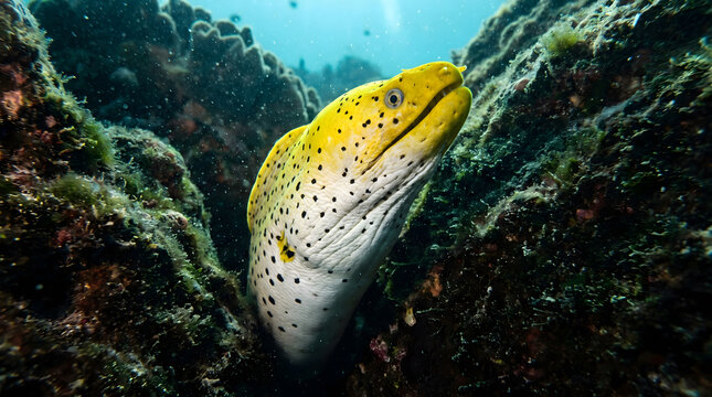 Yellowmargin moray eel emerging from dark rocky reef cave