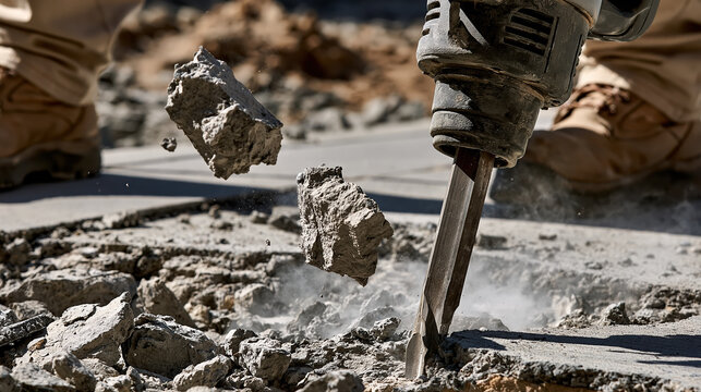 Construction worker operating electric jackhammer on concrete pavement at outdoor worksite, breaking gray material with dust and flying rubble
