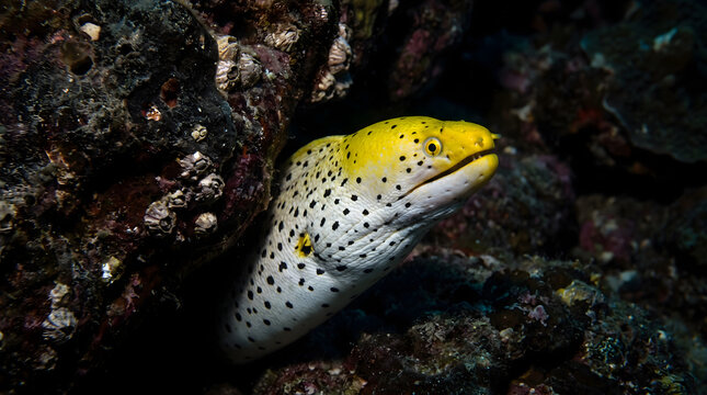 Spotted moray eel with yellow snout peeking from reef crevice