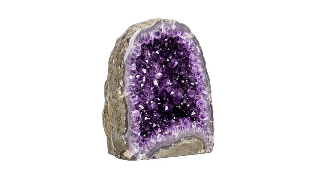 Natural purple amethyst geode, raw quartz crystal cluster with violet druzy, decorative mineral specimen for healing and wellness isolated PNG with Transparent Background
