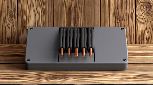 Electrical junction box on wooden surface with black cables and copper wire ends during building renovation work