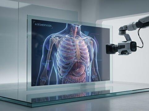 A high tech robotic camera system capturing a detailed holographic projection of the human internal organ system in a sterile brightly lit medical research facility.