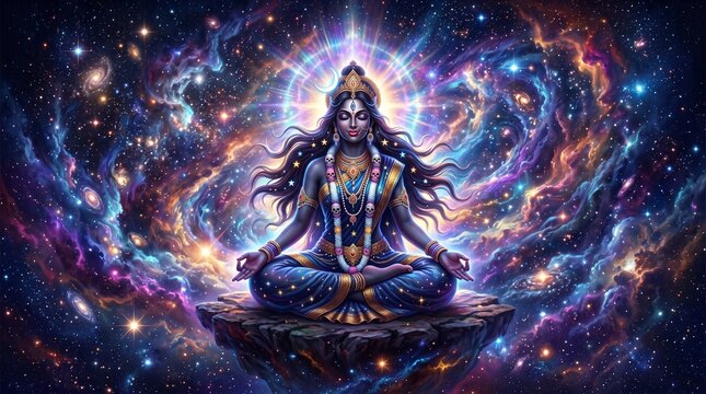 Goddess Parvati meditating in a lotus pose against a vibrant cosmic and nebula background.