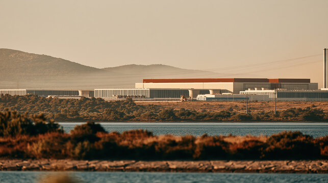 Industrial data center complex beside dry cracked ground and calm water under hazy mountain light, creating austere climate scene