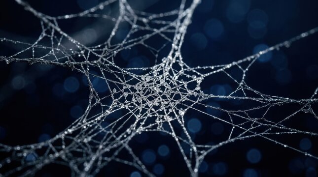 Intricate abstract crystalline structures forming a delicate web against a dark blue background, creating a futuristic visual suitable for technology, science and premium design applications.