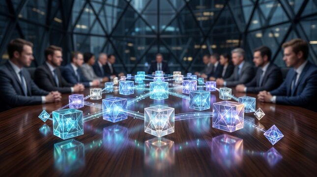 Executive board meeting featuring holographic blockchain network visualization with glowing data cubes on conference table as futuristic digital business technology and team collaboration concept